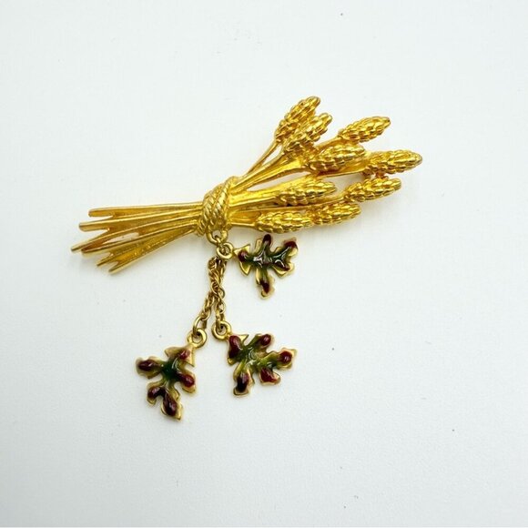 Vintage Gold Tone Cornstalks Wheat Enamel Pin Brooch - Picture 4 of 6